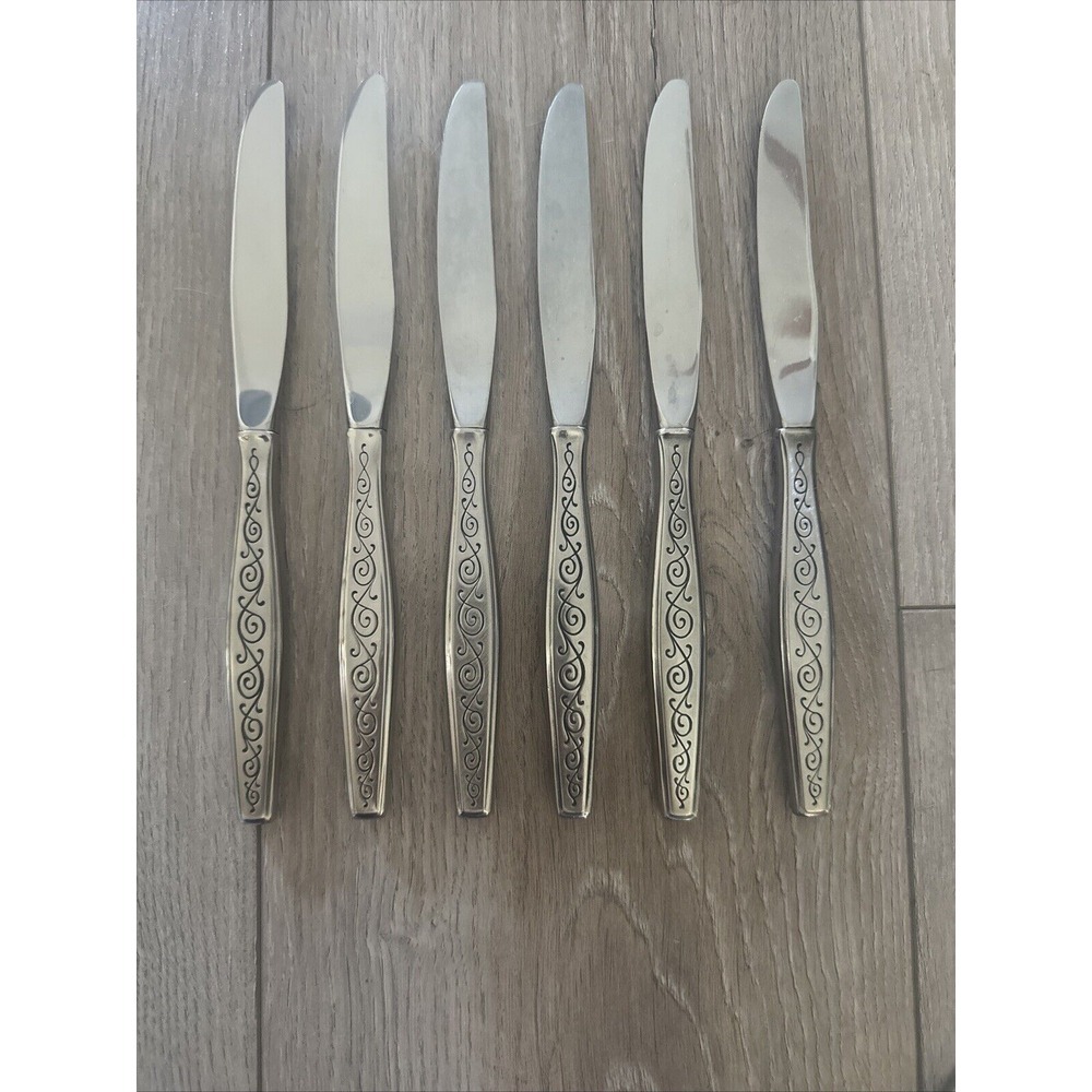 Lot of 6 DINNER KNIVES 9" Gorham SPANISH SCROLL Stainless Burnished Handle Gloss
